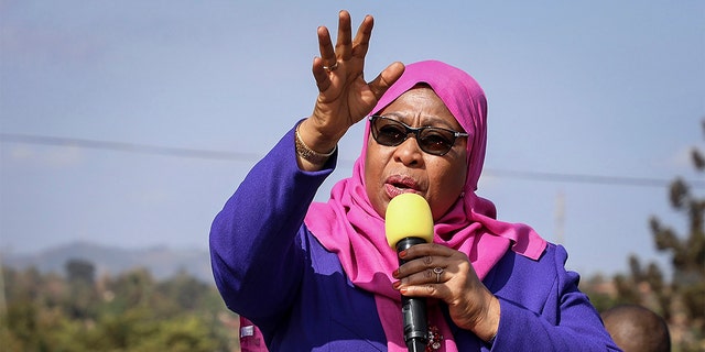 FILE - In this Tuesday, March 16, 2021, file photo, Tanzania's President Samia Suluhu Hassan speaks during a tour of the Tanga region of Tanzania.  (AP Photo/File)