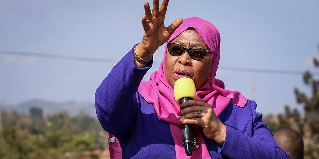 FILE - In this Tuesday, March 16, 2021, file photo, Tanzania's President Samia Suluhu Hassan speaks during a tour of the Tanga region of Tanzania. (AP Photo/File)