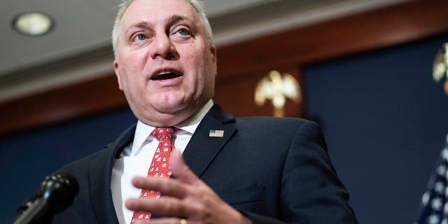 Rep. Steve Scalise, R-La., speaks during a press conference following a House Republican caucus meeting on Capitol Hill on April 20, 2021, in Washington, D.C.