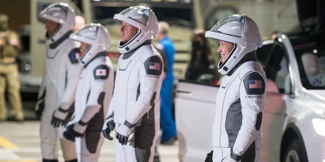 From left to right, ESA (European Space Agency) astronaut Thomas Pesquet, Japan Aerospace Exploration Agency (JAXA) astronaut Akihiko Hoshide, and NASA astronauts Shane Kimbrough and Megan McArthur, are seen as they prepare to depart the Neil A. Armstrong Operations and Checkout Building for Launch Complex 39A during a dress rehearsal prior to the Crew-2 mission launch, Sunday, April 18, 2021, at NASA’s Kennedy Space Center in Florida. Photo Credit: (NASA/Aubrey Gemignani)