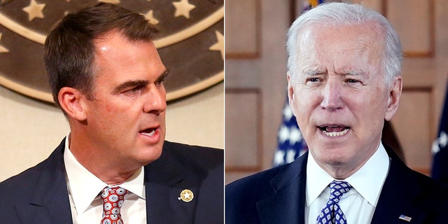 In Oklahoma, Republican Gov. Kevin Stitt, left, who faces reelection next year, has issued a slick video on President Biden's Afghanistan performance. (Reuters/AP)