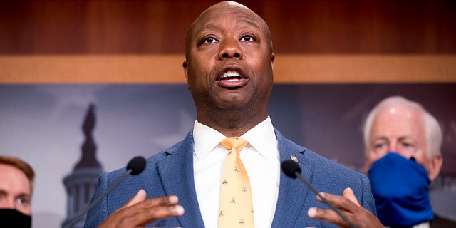 In this file photo from June 17, 2020, Senator Tim Scott, RS.C., speaks during a press conference on Capitol Hill in Washington.  Scott is the only black Republican senator.  (AP Photo / Andrew Harnik, file)