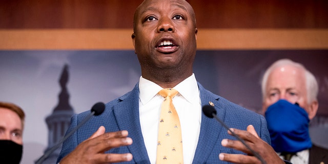 In this June 17, 2020, file photo, Sen. Tim Scott, R-S.C., speaks at a news conference on Capitol Hill in Washington. Scott is the only Black Republican senator. (AP Photo/Andrew Harnik, File)