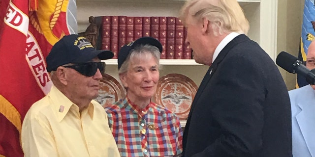 World War II veteran Ken Potts met President Trump during a 2017 tour of the White House. Potts is one of two remaining survivors of the USS Arizona, which was lost during the Dec. 7, 1941 attack on Pearl Harbor.