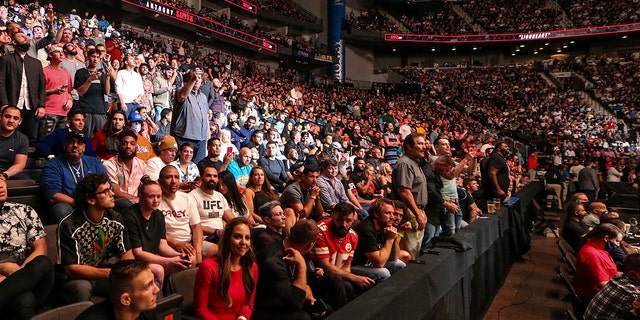 Les fans assistent à un événement d'arts martiaux mixtes de l'UFC 261 le samedi 24 avril 2021 à Jacksonville, en Floride. L'événement à guichets fermés présenté comme le premier événement sportif de pleine capacité organisé à l'intérieur depuis plus d'un an a attiré une foule de stars.  (Presse associée)