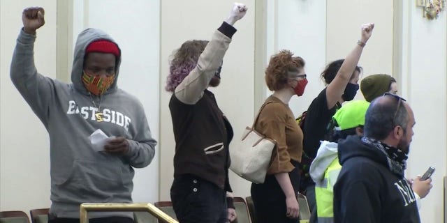 Protesters fill a gallery in the Oklahoma State Capitol