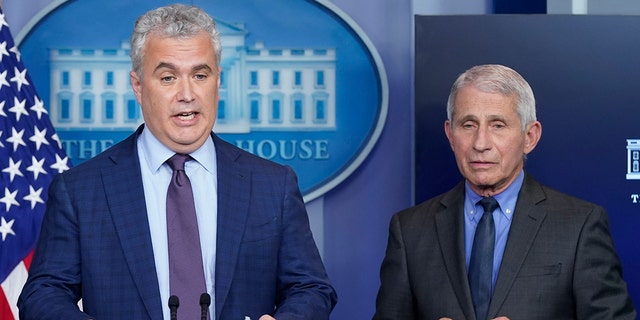 White House COVID-19 Response Coordinator Jeff Zients, left, speaks alongside Dr. Anthony Fauci, director of the National Institute of Allergy and Infectious Diseases, during a press briefing at the White House, Tuesday, April 13, 2021, in Washington. 