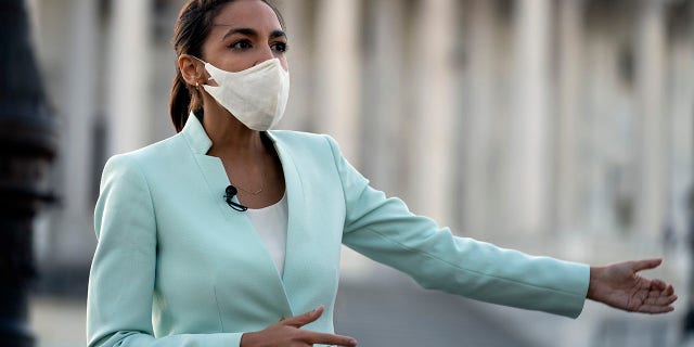 Rep. Alexandria Ocasio-Cortez D-NY, speaks during a TV interview on Capitol Hill in Washington
