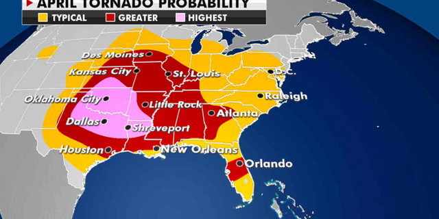 Where tornadoes are most likely to be reported this month. (Fox News)