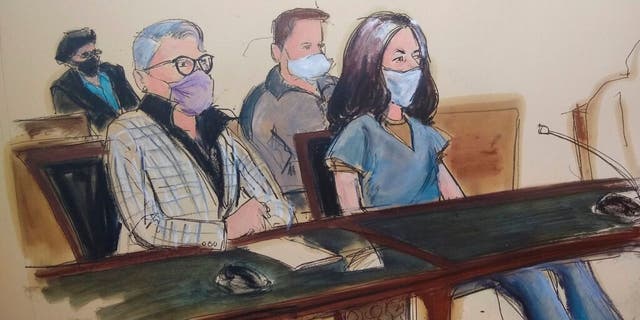 In this courtroom sketch, Ghislaine Maxwell, far right, appears in Manhattan Federal court seated next to her attorney Bobbi C. Sternheim, second from left, along with her sister Isabel Maxwell, far left, during her arraignment on a superseding indictment last week.