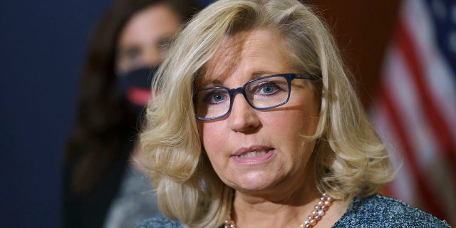 Rep. Liz Cheney, R-Wyo., the House Republican Conference chair, speaks with reporters following a GOP strategy session on Capitol Hill in Washington, Tuesday, April 20, 2021. Cheney will be at President Biden's address to a joint session of Congress. (AP Photo/J. Scott Applewhite)