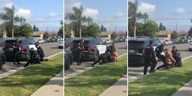 California police officers stop fellow officer from punching handcuffed woman during arrest.