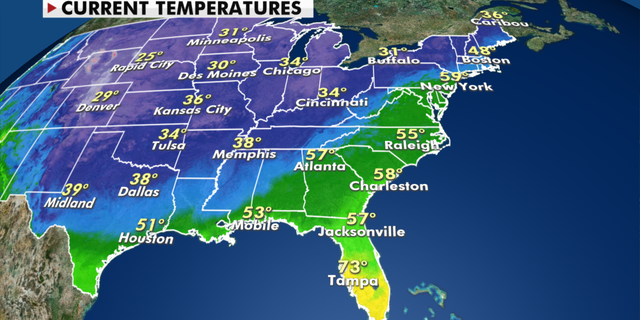 Current temperatures around the U.S. Wednesday. (Fox News)