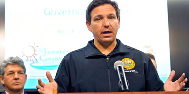 Florida Gov. Ron DeSantis gestures during a news conference Sunday, April 4, 2021, at the Manatee County Emergency Management office in Palmetto, Fla. (Associated Press)