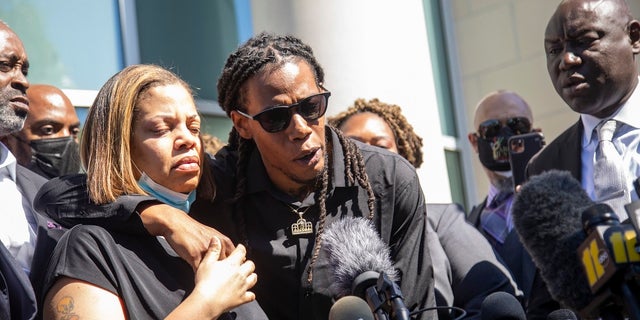 Andrew Brown Jr.'s son Khalil Ferebee, speaks outside the Pasquotank County Public Safety building in Elizabeth City, N.C. on Monday after viewing 20 seconds of police body camera video. (Travis Long/The News &amp; Observer via AP)