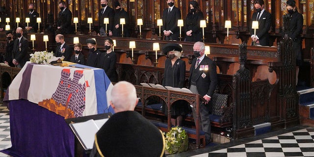 Mourners including, front row from left, Kate Duchess of Cambridge, Prince William, Prince Edward, Viscount Severn, Lady Louise Mountbatten-Windsor, Sophie Countess of Wessex, Camilla Duchess of Cornwall and Prince Charles during the funeral of Prince Philip, at St George's Chapel in Windsor Castle, Windsor, England, Saturday April 17, 2021.