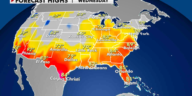 Expected high temperatures for Thursday. (Fox News)