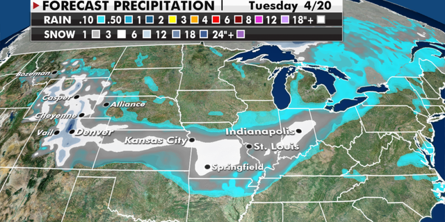 Expected snowfall totals through Tuesday. (Fox News)