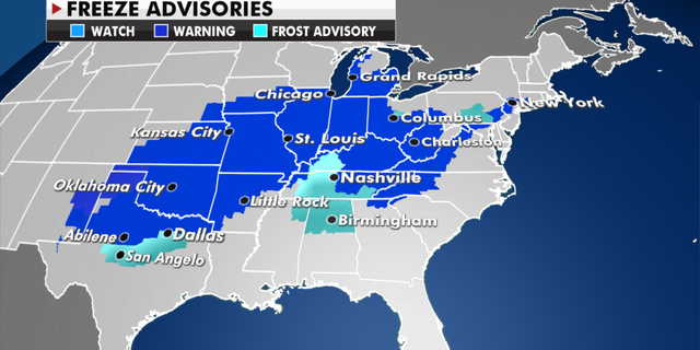 Freeze advisories currently in effect Wednesday. (Fox News)