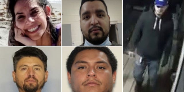 Authorities say suspects in the Rossana Delgado case include Megan Alyssa Colone, 30, top left; Juan Ayala-Rodriguez, 35, bottom left; Mario Alberto Barbosa-Juarez, 29, top center; Oscar Manuel Garcia, 26, bottom center; and another suspect, far right, who was unidentified. (Georgia Bureau of Investigation)