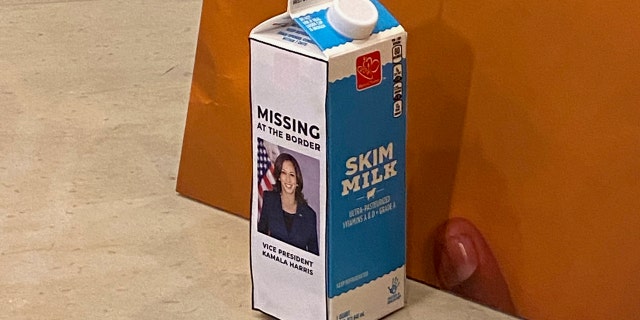 A photo of Vice President Kamala Harris appears on a milk carton as House Republicans call attention to the border crisis. (Jason Donner Capitol Hill Producer - Fox News)