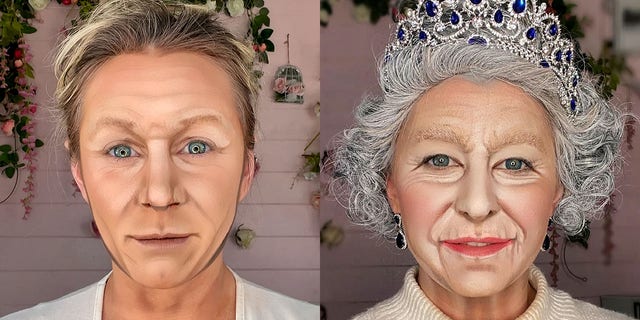 Lacao modeling her Gordon Ramsay and Queen Elizabeth looks. She spends four to eight hours carefully transforming herself into each of the celebrities.