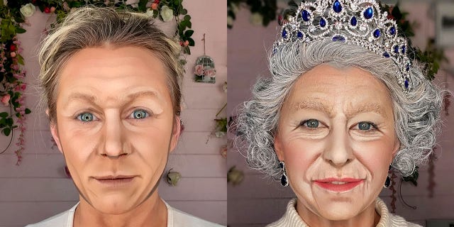 Lacao modeling her Gordon Ramsay and Queen Elizabeth looks. She spends four to eight hours carefully transforming herself into each of the celebrities.