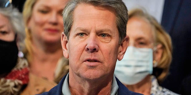 Georgia Gov. Brian Kemp speaks during a news conference at the State Capitol on Saturday, April 3, 2021, in Atlanta, about Major League Baseball's decision to pull the 2021 All-Star Game from Atlanta over the league's objection to a new Georgia voting law. 