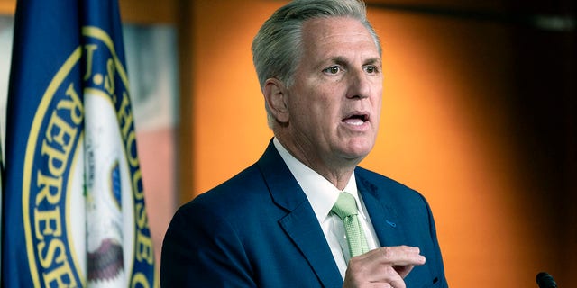 House Minority Leader Kevin McCarthy of Calif., Thursday, April 15, 2021, speaks during a news conference on Capitol Hill in Washington.