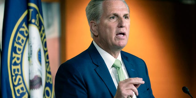 House Minority Leader Kevin McCarthy of Calif., Thursday, April 15, 2021, speaks during a news conference on Capitol Hill in Washington.