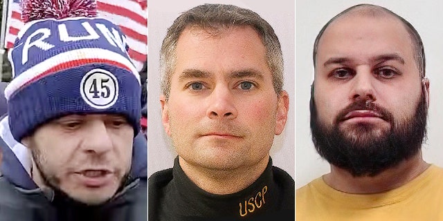 A still is taken from video footage of Julian Khater, 32, of State College, left, who prosecutors have accused of assaulting Capitol Officer Brian Sicknick, center, during the Jan. 6 riot in Washington.