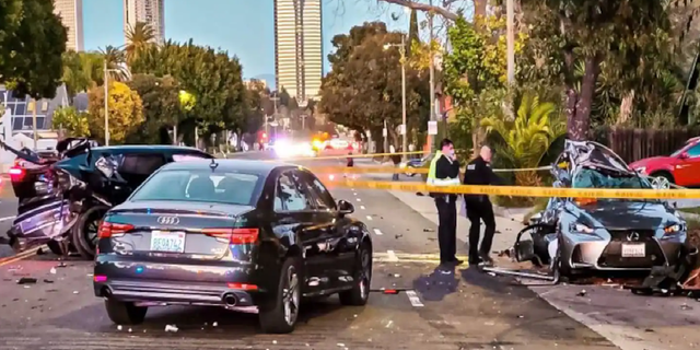 Monique Munoz was turning left when a Lamborghini T-boned her at this intersection, sending her car flying into a tree. (LAPD West Traffic Division)