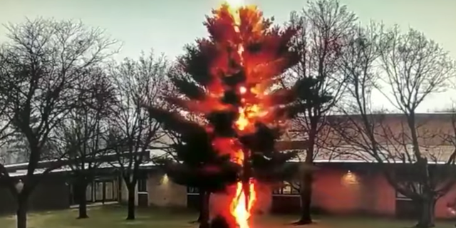 The flames scorched and shattered the evergreen outside Wautoma High School on impact, incredible video footage shows.