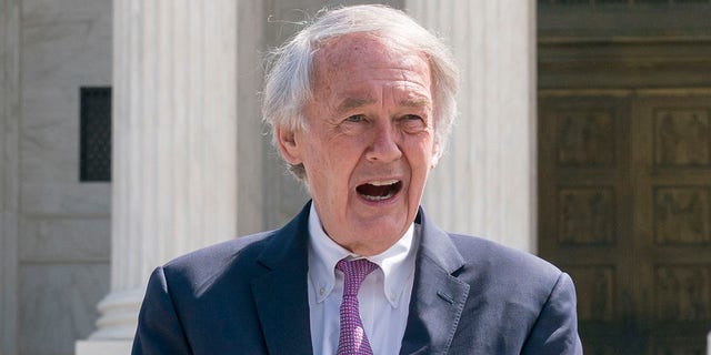 Sen. Ed Markey, D-Mass., hold a news conference outside the Supreme Court to announce legislation to expand the number of seats on the high court, on Capitol Hill in Washington, Thursday, April 15, 2021. (AP Photo/J. Scott Applewhite)
