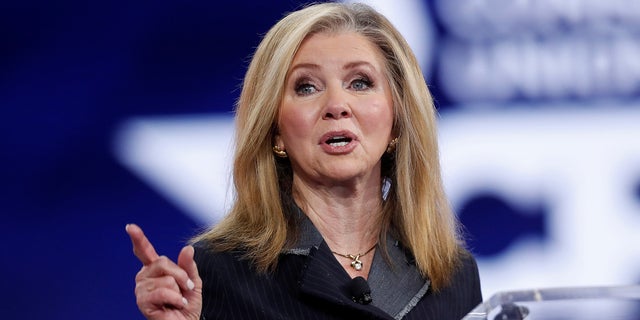 Sen. Marsha Blackburn, R-Tenn., is shown speaking at the Conservative Political Action Conference (CPAC) in Orlando, Florida, in February 2021. She recently held an online "Women's Empowerment Forum," telling Fox News Digital, "We must ensure all women have a seat at the table."