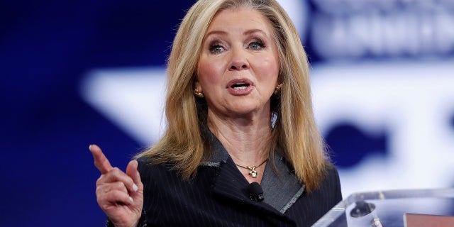 Sen. Marsha Blackburn, R-Tenn., is shown speaking at the Conservative Political Action Conference (CPAC) in Orlando, Florida, in February 2021. She recently held an online "Women's Empowerment Forum," telling Fox News Digital, "We must ensure all women have a seat at the table."