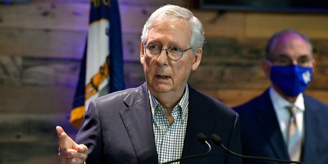 Senate Minority Leader Mitch McConnell, R-Ky., speaks during a news conference at Kroger Field in Lexington, Ky., Monday, April 5, 2021. (AP Photo/Timothy D. Easley)