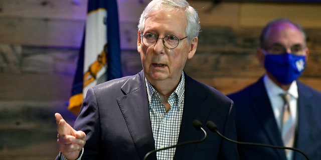 Senate Minority Leader Mitch McConnell, R-Ky., speaks during a news conference at Kroger Field in Lexington, Ky., Monday, April 5, 2021. (AP Photo/Timothy D. Easley)