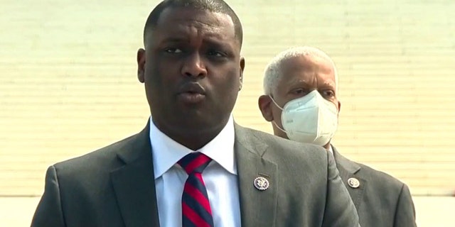 Rep. Mondaire Jones, D-N.Y., speaks before the Supreme Court on April 15, 2021, on his legislation to expand the Supreme Court.