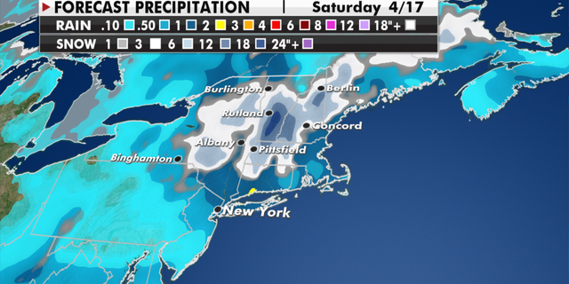 Expected snowfall in the Northeast through the end of the week. (Fox News)