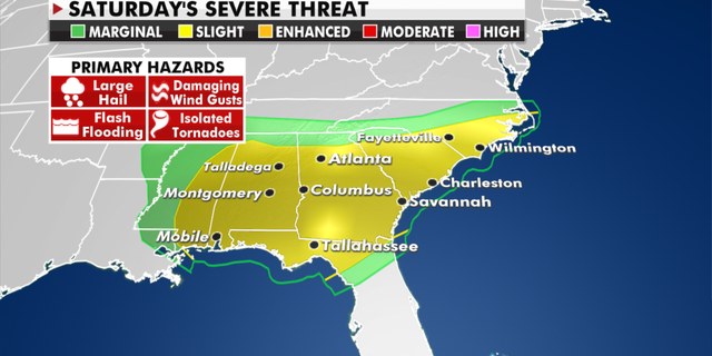 The severe weather threat for Saturday. (Fox News)