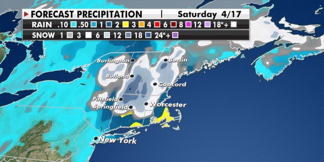 Expected snowfall totals in the Northeast through Saturday. (Fox News)