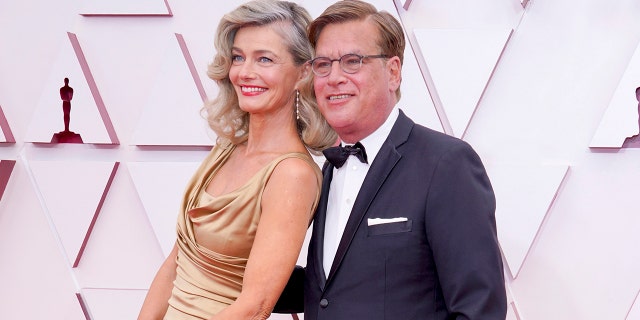 Paulina Porizkova and Aaron Sorkin attend the 93rd Annual Academy Awards at Union Station on April 25, 2021 in Los Angeles, California. 