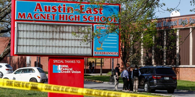 Knoxville police work the scene of a shooting at Austin-East Magnet High School Monday, April 12, 2021, in Knoxville, Tenn. (Associated Press)