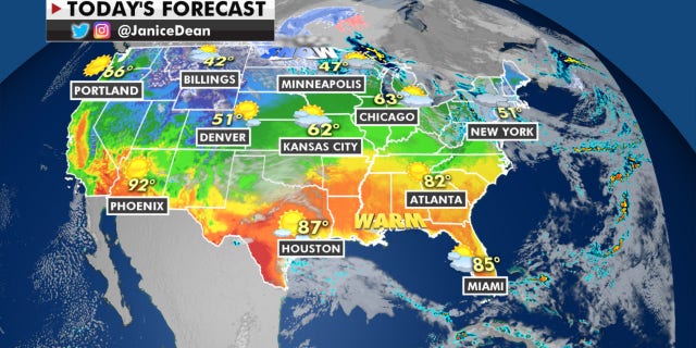 Warm temperatures are forecast across the South and the Gulf Coast for Monday, while it will be cooler than average parts of the Northern Plains and the Rockies.