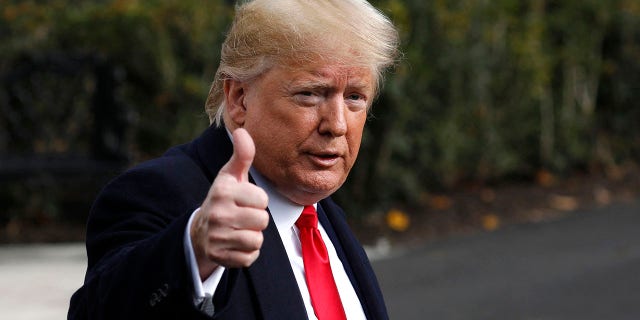 U.S. President Donald Trump thumbs up to the media after speaking about the impeachment hearings on the the South Lawn of the White House in Washington before his departure to Austin, Texas on November 20, 2019. Photo by Yuri Gripas/ABACAPRESS.COMNo Use France Digital. No Use France Print.