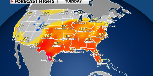 Forecast high temperatures for Tuesday. (Fox News)