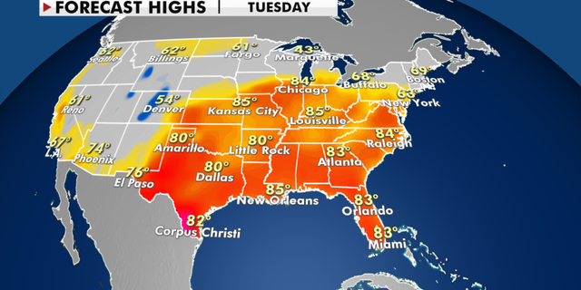 Forecast high temperatures for Tuesday. (Fox News)