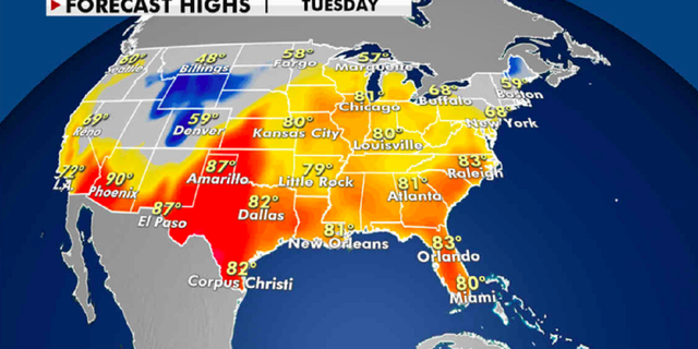 Forecast high temperatures for Tuesday. (Fox News)
