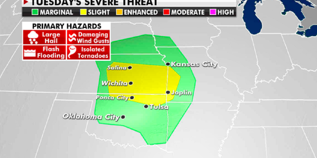 Potential severe weather is forecast for Tuesday. (Fox News)
